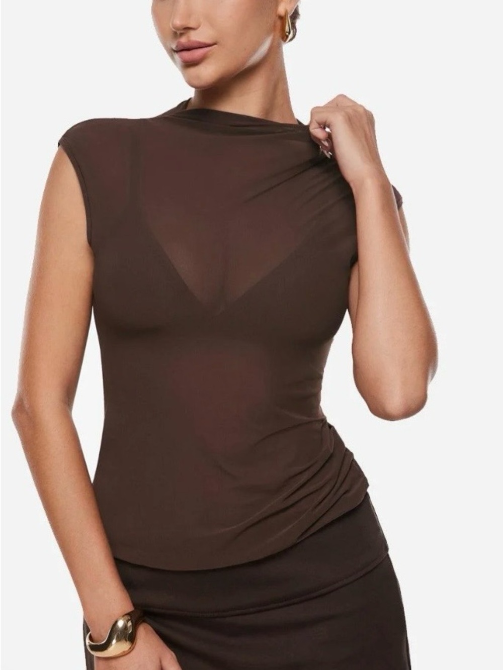 INLYRIC Sheer Mesh Mock Neck Tank Top
